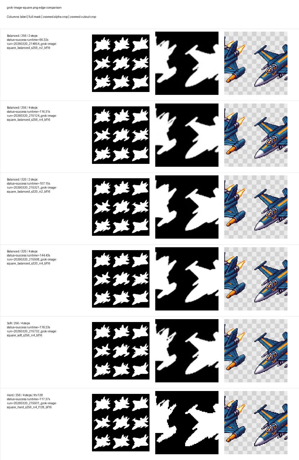 Per-input compare board for grok-image-square focusing on diagonal fins and sharp corners