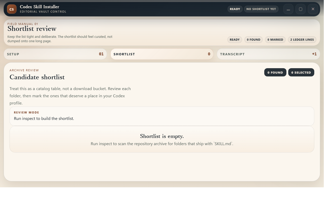 Codex Skill Installer UI Tour | Codex Skill Installer Docs